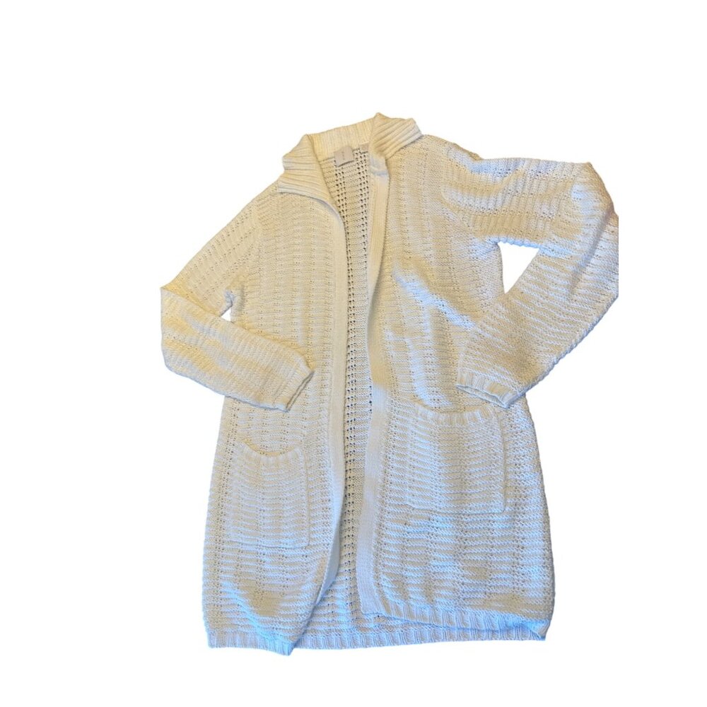 MAG Womens Long‎ Open Front Cardigan Sweater M Knit White Cotton Pockets Coastal